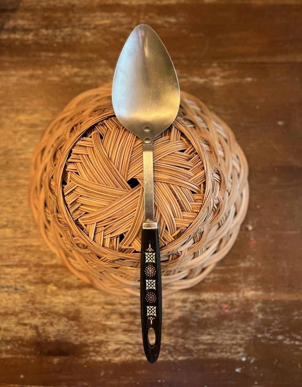 Vintage Androck 12” Stainless Steel Serving Spoon Black Floral Handle Made n USA